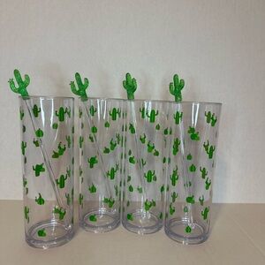 Cactus Design Clear Acrylic Glasses - Set of 4 with stirrers